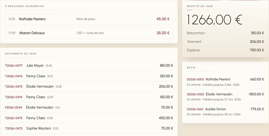 Caisse du jour : chaque document sorti avec son numéro, la recette ventilée par moyen de paiement et les devis en attente.